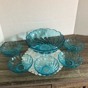 Vtg Hazel Atlas Colonial Swirl Capri Blue Serving Set